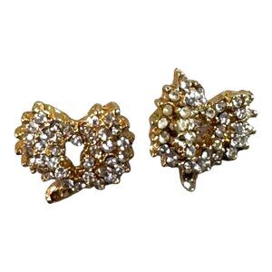 Vintage Signed Gold Tone Roman Heart Shaped Clear Crystal Rhinestone Earrings
